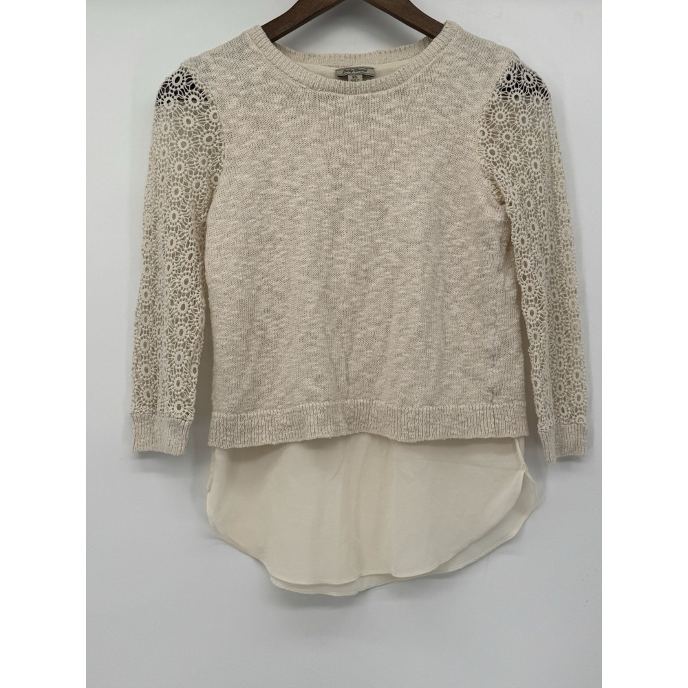 Lucky Brand XSmall Pullover Sweater Ivory Cotton Crochet Knit Boho‎ Cottagecore